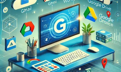 Illustration moderne montrant l'utilisation des outils de Google Workspace tels que Gmail, Google Drive et Google Docs, avec des icônes représentant la collaboration, le stockage dans le cloud et la productivité.