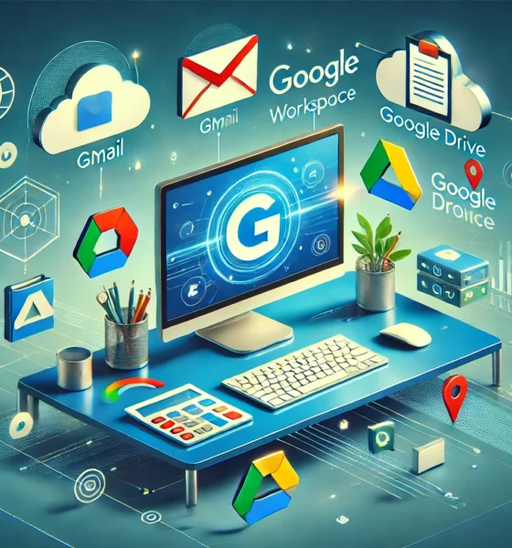 Illustration moderne montrant l'utilisation des outils de Google Workspace tels que Gmail, Google Drive et Google Docs, avec des icônes représentant la collaboration, le stockage dans le cloud et la productivité.