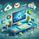 Illustration moderne montrant l'utilisation des outils de Google Workspace tels que Gmail, Google Drive et Google Docs, avec des icônes représentant la collaboration, le stockage dans le cloud et la productivité.