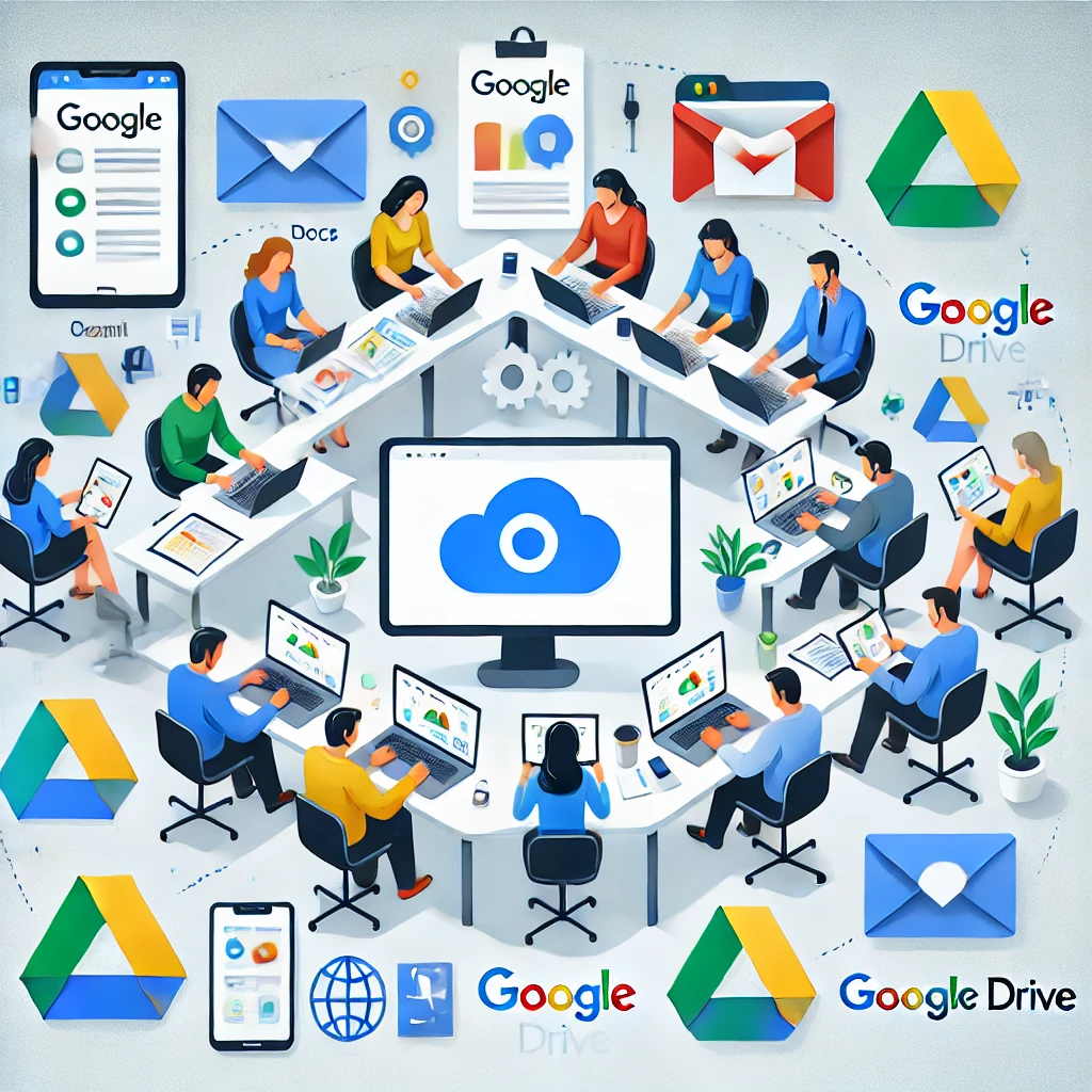 Illustration de personnes collaborant via Google Workspace, avec des appareils affichant Google Docs, Gmail et Google Drive, entourés d'icônes de stockage cloud, de chat et de modification de documents.